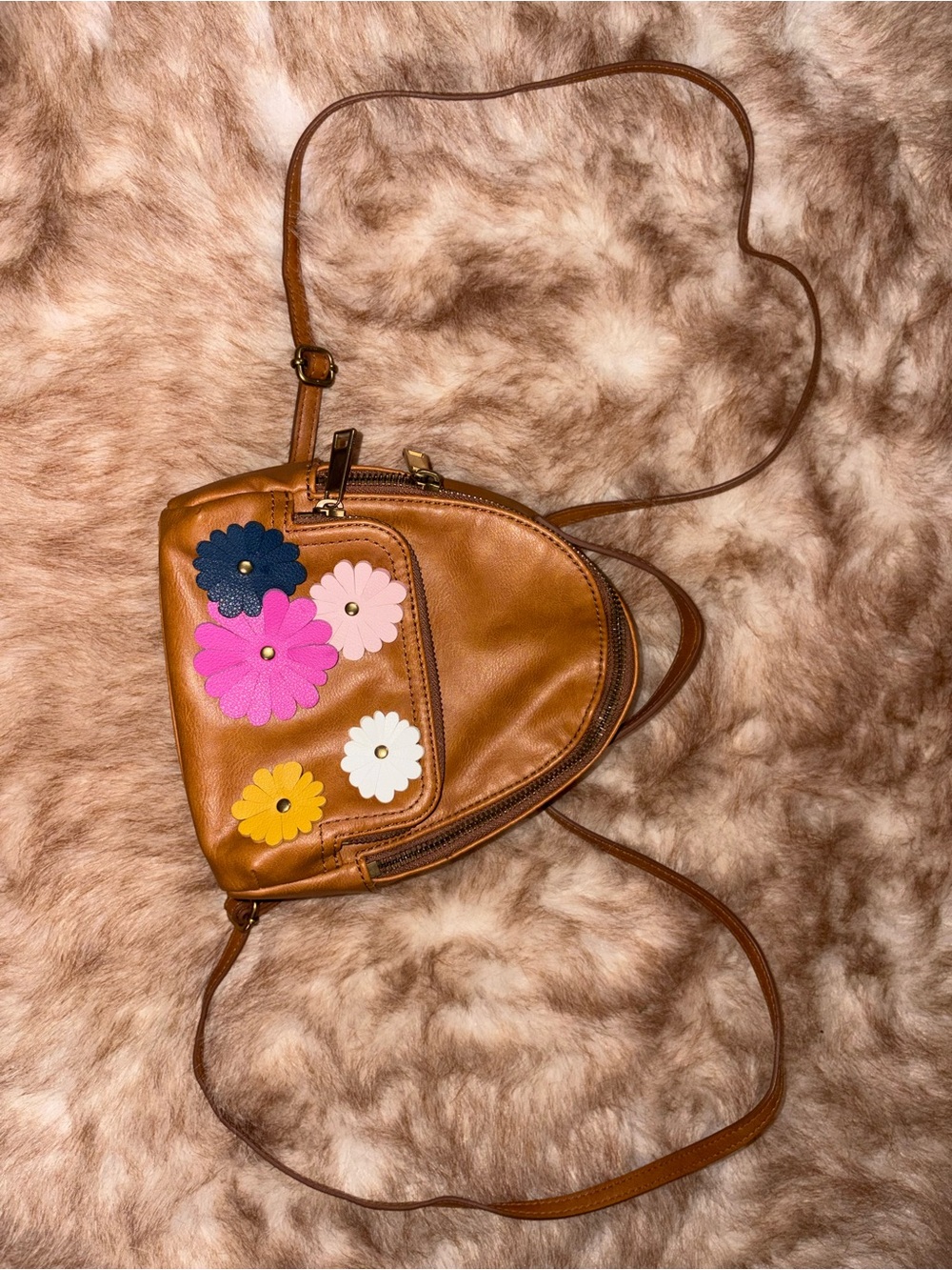 Fossil Brown backpack Bag with Colorful Flower Appliqués